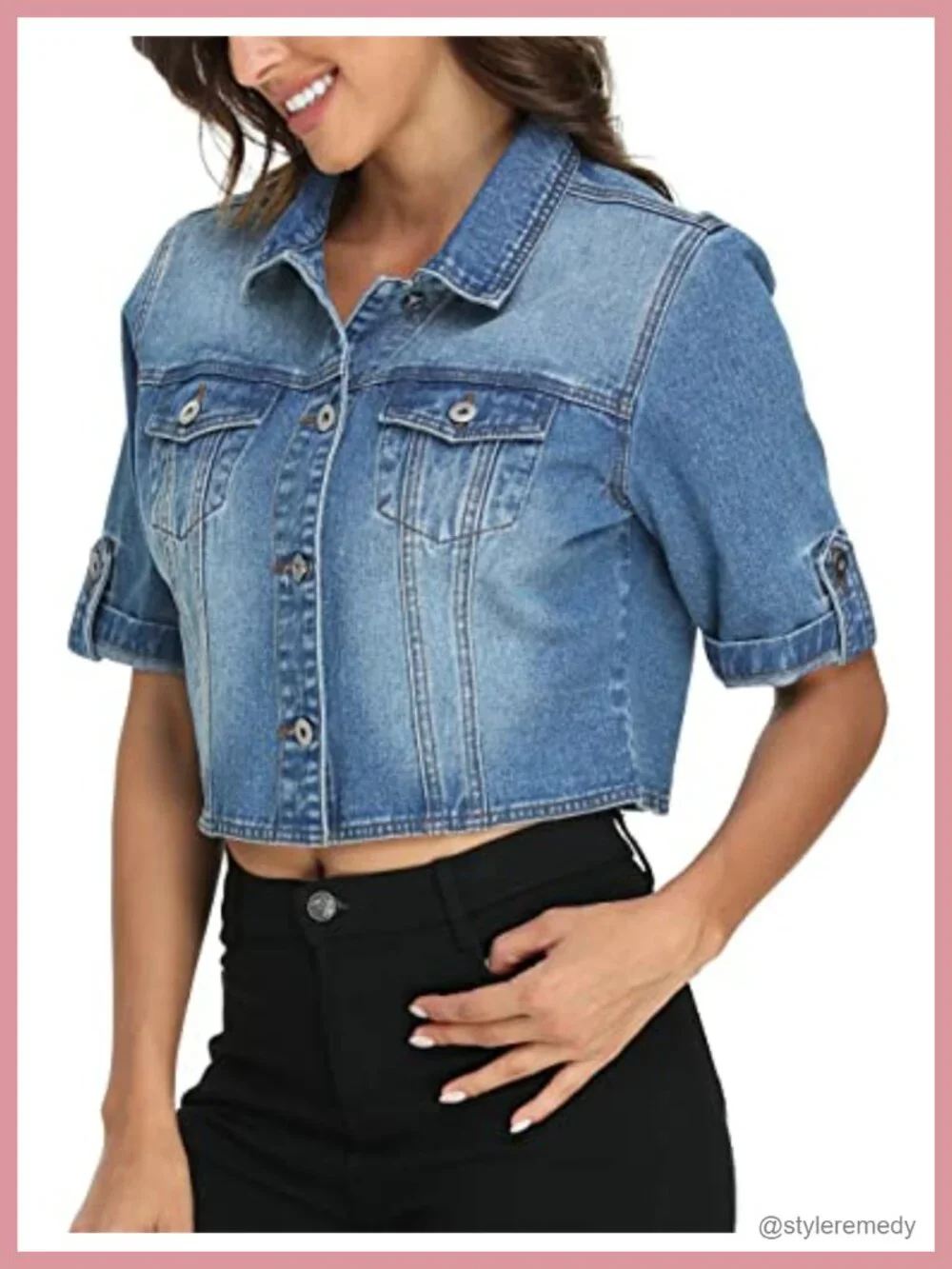 Cropped Denim Jacket Short Sleeve Women's Summer Stretch Cotton Blend